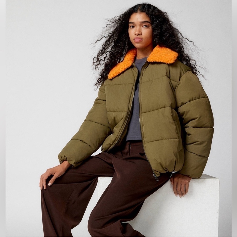 Urban Outfitters Green Puffer Jacket Duckie Faux Shearling Collar Coat NWOT